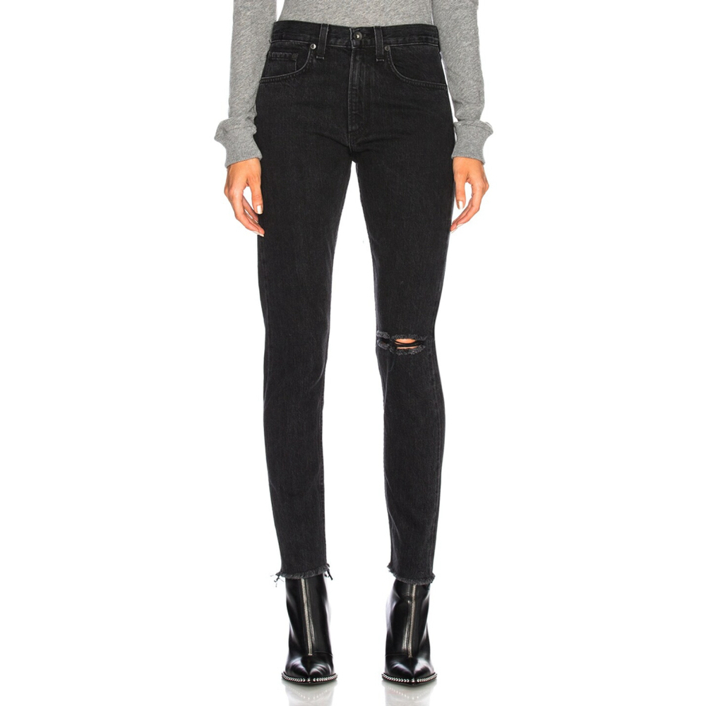 Rag & Bone Black Stone Distressed Raw Hem High Rise Slim Straight Jeans 24 New